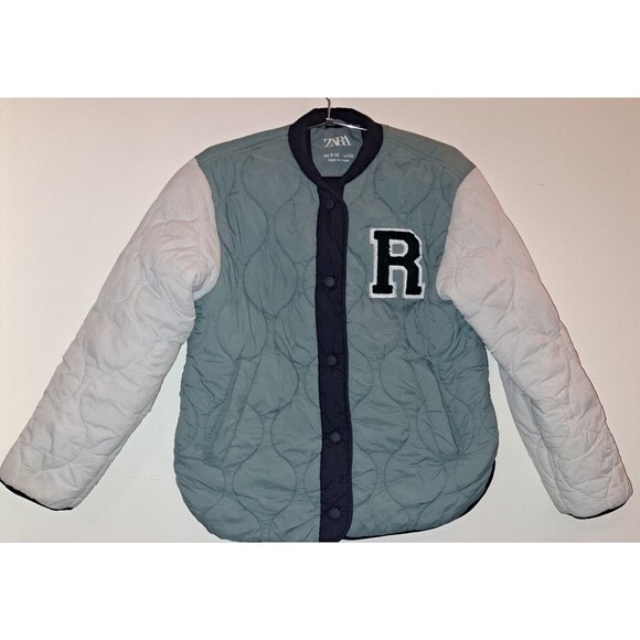 ZARA Kids Soft  Quilted Lightwear Girls Letterman ‎ Jacket Green Sz 9-10 - Picture 1 of 8